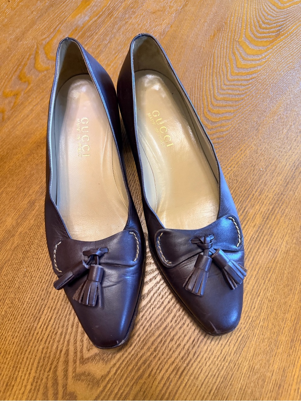 Gucci Dark Brown Leather Low Block Heel Loafers with Tassels